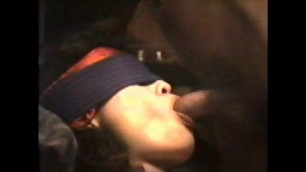 Blindfolded asian girlfriend eats cum