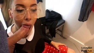 Public Blowjob in a Clothing Store, young Baby with glasses swallows cum