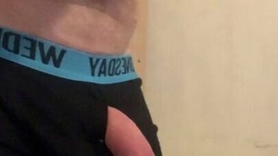 Tasked older guy borrow his apprentice (18) underwear and put them on.