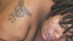 Ugly Black BBW sucking and taking a load on her BooBs